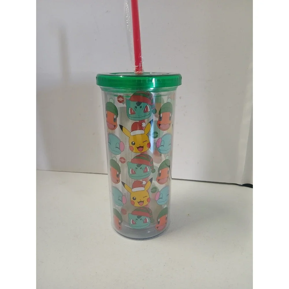 Pokemon 20oz Tumbler w/Lid and‎ Straw - Charmander Squirtle Bulbasaur Pikachu